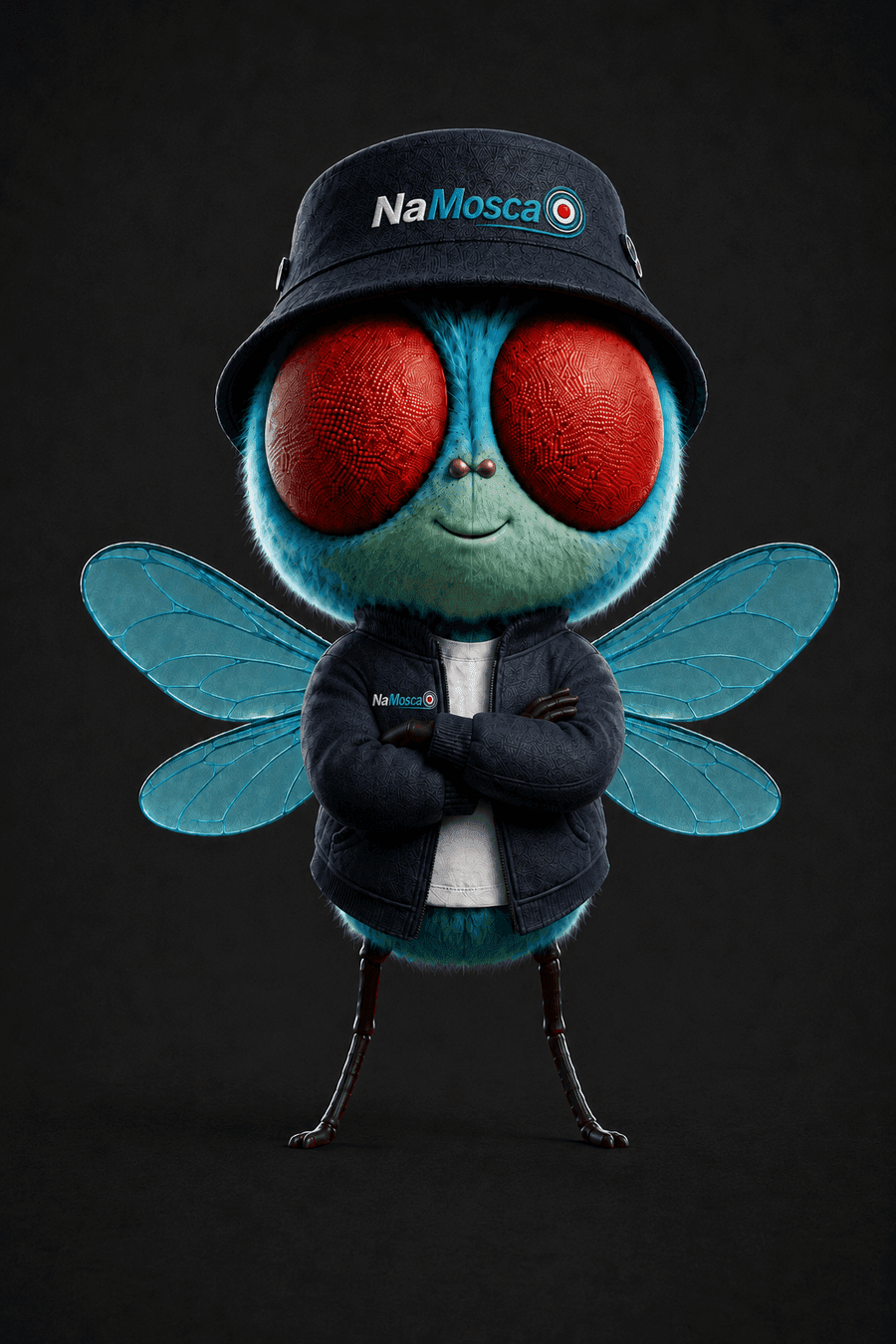 Mascote Na Mosca, uma mosca de bucket hat e jaqueta da marca
