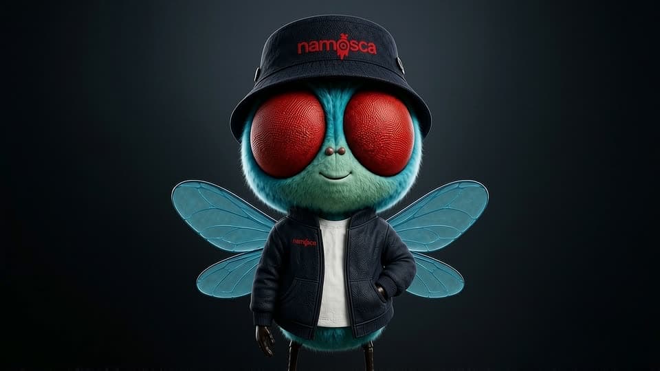 Mascote Na Mosca, uma mosca de bucket hat e jaqueta da marca
